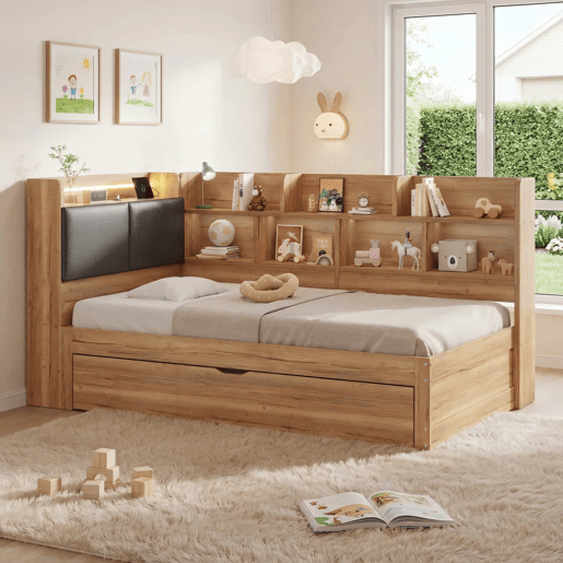 Cama infantil 90x200 cm - com arrumação, iluminação LED, portas USB, cama extra 90x190, design em L com prateleiras - cor natural