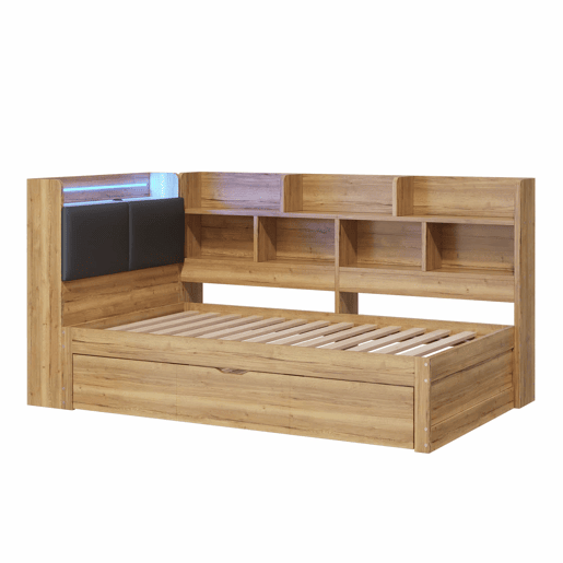 Cama infantil 90x200 cm - com arrumação, iluminação LED, portas USB, cama extra 90x190, design em L com prateleiras - cor natural