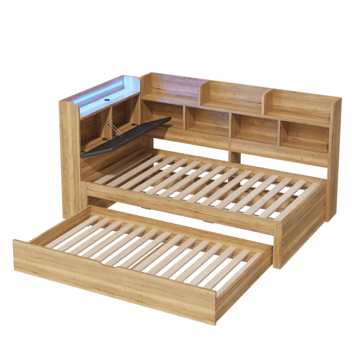 Cama infantil 90x200 cm - com arrumação, iluminação LED, portas USB, cama extra 90x190, design em L com prateleiras - cor natural