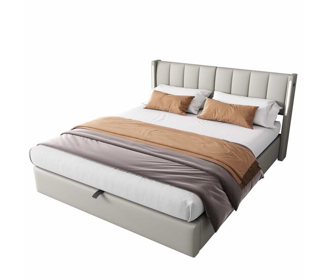 Cama tapizada led 180x200 cm - hidráulica con almacenamiento, puerto usb recargable, cabecero ajustable - gris