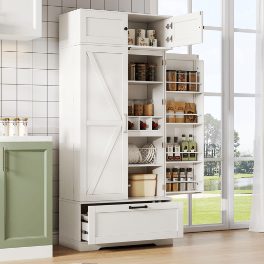 Aparador 80x40x180 cm - prateleiras ajustáveis, gavetas, prateleira para vinho, portas com prateleiras - branco