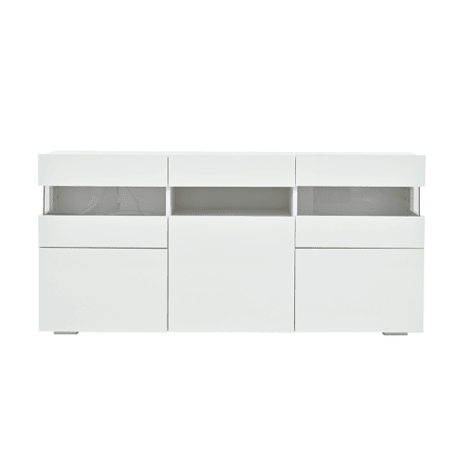 Aparador 140x40,5x66,5 cm - 3 portas, com LED, 7 prateleiras, branco Aparador 140x40,5x66,5 cm - 3 portas, com LED, 7 prateleiras, branco