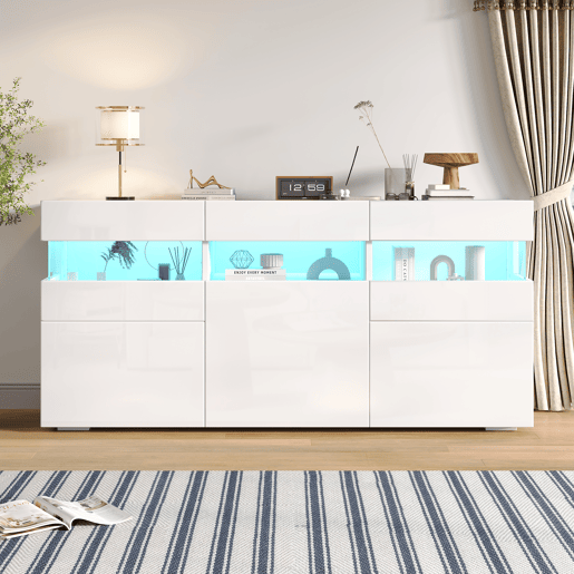 Aparador 140x40,5x66,5 cm - 3 portas, com LED, 7 prateleiras, branco Aparador 140x40,5x66,5 cm - 3 portas, com LED, 7 prateleiras, branco