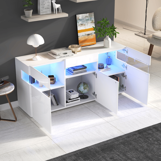 Aparador 140x40,5x66,5 cm - 3 portas, com LED, 7 prateleiras, branco Aparador 140x40,5x66,5 cm - 3 portas, com LED, 7 prateleiras, branco