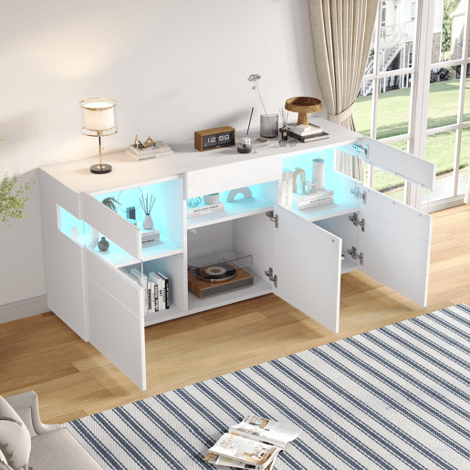 Aparador 140x40,5x66,5 cm - 3 portas, com LED, 7 prateleiras, branco Aparador 140x40,5x66,5 cm - 3 portas, com LED, 7 prateleiras, branco