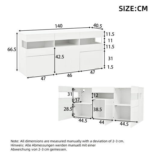 Aparador 140x40,5x66,5 cm - 3 portas, com LED, 7 prateleiras, branco Aparador 140x40,5x66,5 cm - 3 portas, com LED, 7 prateleiras, branco