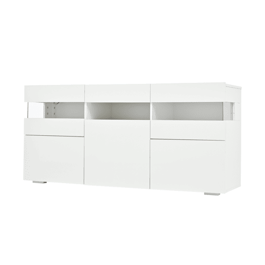 Aparador 140x40,5x66,5 cm - 3 portas, com LED, 7 prateleiras, branco Aparador 140x40,5x66,5 cm - 3 portas, com LED, 7 prateleiras, branco