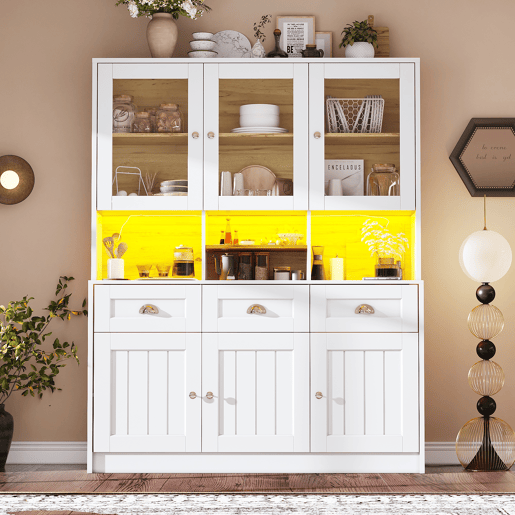 Aparador 140x40x175 cm - Vitrina com prateleiras ajustáveis e LED - Branco
