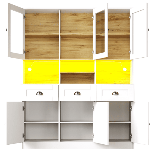 Aparador 140x40x175 cm - Vitrina com prateleiras ajustáveis e LED - Branco