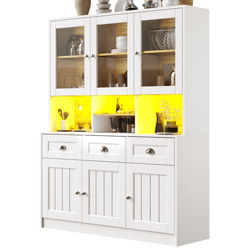 Aparador 140x40x175 cm - Vitrina com prateleiras ajustáveis e LED - Branco