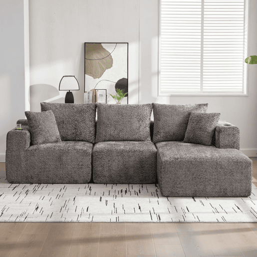 Sofá modular de canto 261×165 cm - em forma de L, assento profundo, sem montagem, com porta-copos - cinzento escuro