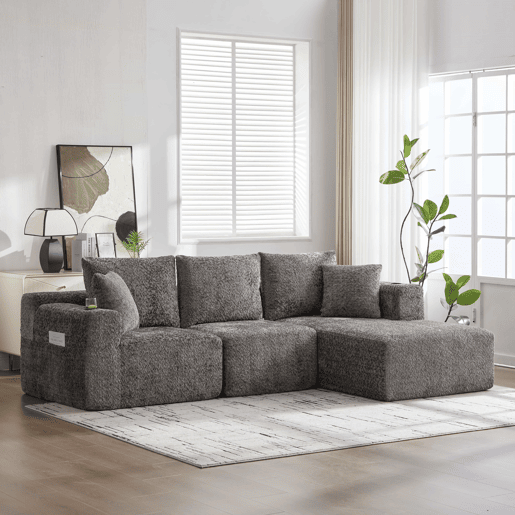 Sofá modular de canto 261×165 cm - em forma de L, assento profundo, sem montagem, com porta-copos - cinzento escuro