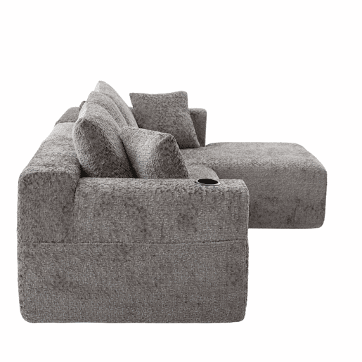 Sofá modular de canto 261×165 cm - em forma de L, assento profundo, sem montagem, com porta-copos - cinzento escuro