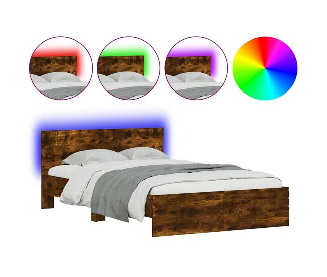 Estructura de cama matrimonial moderno con cabecero y luces led roble ahumado 120x200cm