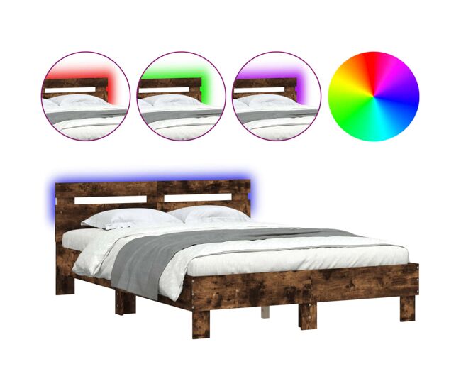 Estructura de cama matrimonial moderno con cabecero y luces led roble ahumado 120x190cm