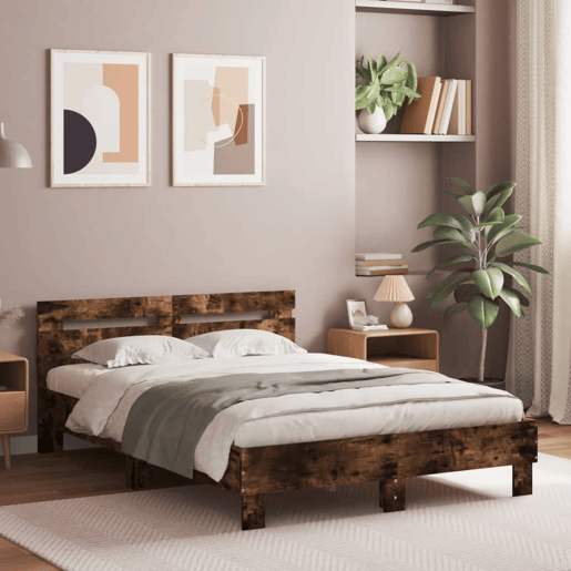 Estrutura Cama de casal simple c cabeceiraluzes LED 120x190cm carvalho fumado