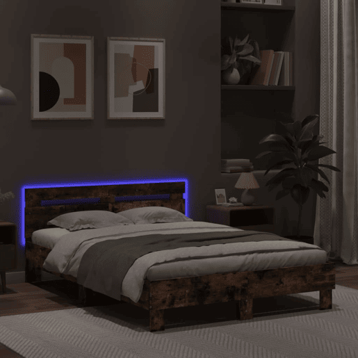 Estrutura Cama de casal simple c cabeceiraluzes LED 120x190cm carvalho fumado