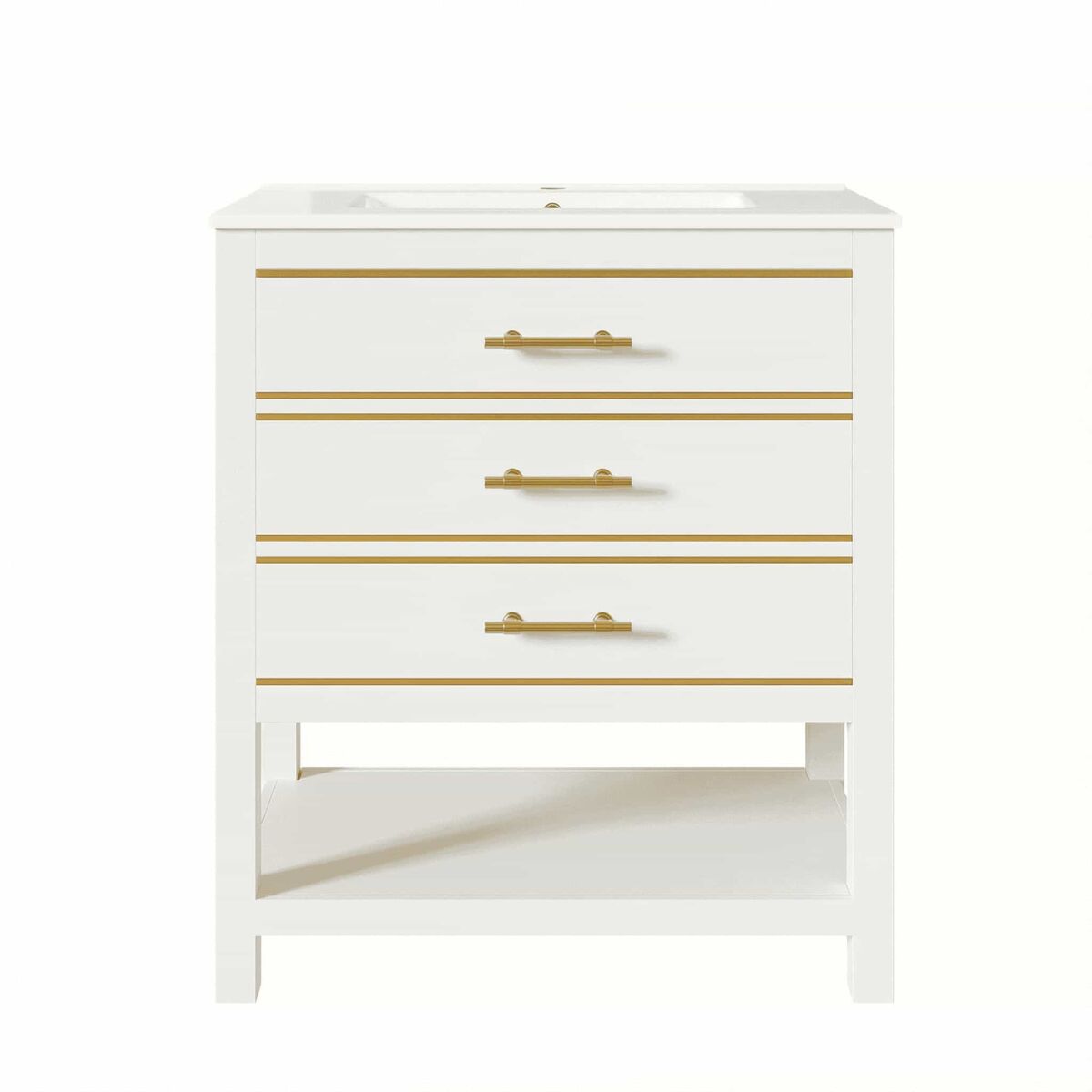 Mueble de baño con lavabo de cerámica - mueble independiente con 2 cajones y estante abierto - color blanco y dorado