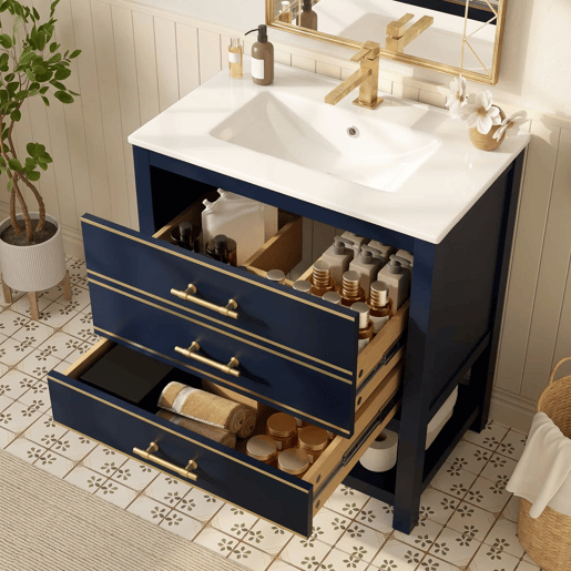 Móvel de casa de banho com lavatório em cerâmica - Móvel independente com 2 gavetas e prateleira aberta, tampo em MDF lacado, puxadores dourados - Preto + Azul