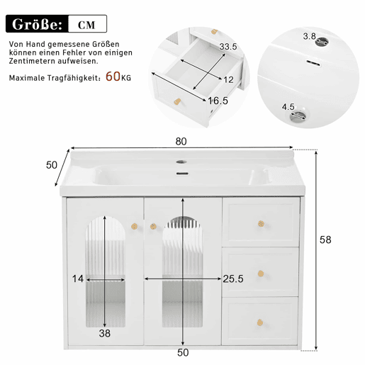 Móvel de casa de banho suspenso com lavatório de cerâmica de 80 cm - multifuncional, MDF, 2 gavetas + armário com porta de vidro semitransparente e prateleiras ajustáveis, grande capacidade de arrumação - branco