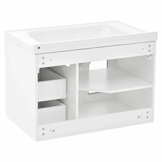 Móvel de casa de banho suspenso com lavatório de cerâmica de 80 cm - multifuncional, MDF, 2 gavetas + armário com porta de vidro semitransparente e prateleiras ajustáveis, grande capacidade de arrumação - branco