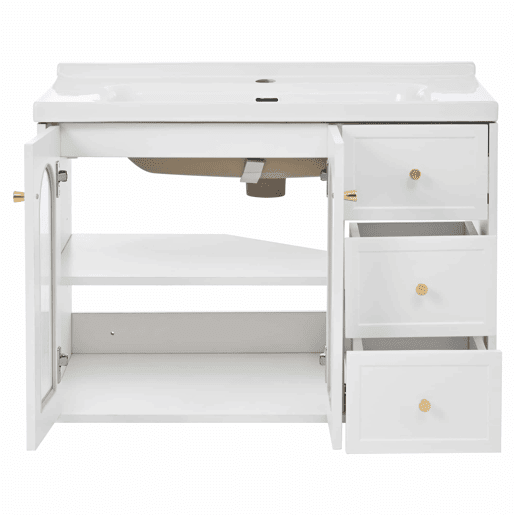 Móvel de casa de banho suspenso com lavatório de cerâmica de 80 cm - multifuncional, MDF, 2 gavetas + armário com porta de vidro semitransparente e prateleiras ajustáveis, grande capacidade de arrumação - branco