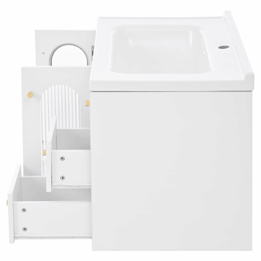 Móvel de casa de banho suspenso com lavatório de cerâmica de 80 cm - multifuncional, MDF, 2 gavetas + armário com porta de vidro semitransparente e prateleiras ajustáveis, grande capacidade de arrumação - branco
