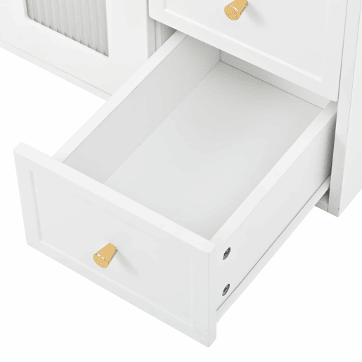 Móvel de casa de banho suspenso com lavatório de cerâmica de 80 cm - multifuncional, MDF, 2 gavetas + armário com porta de vidro semitransparente e prateleiras ajustáveis, grande capacidade de arrumação - branco