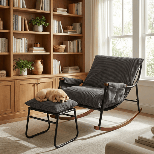 Cadeira de baloiço relax HomeMiYN de metal com almofada de 15 cm e apoio de pés metálico
