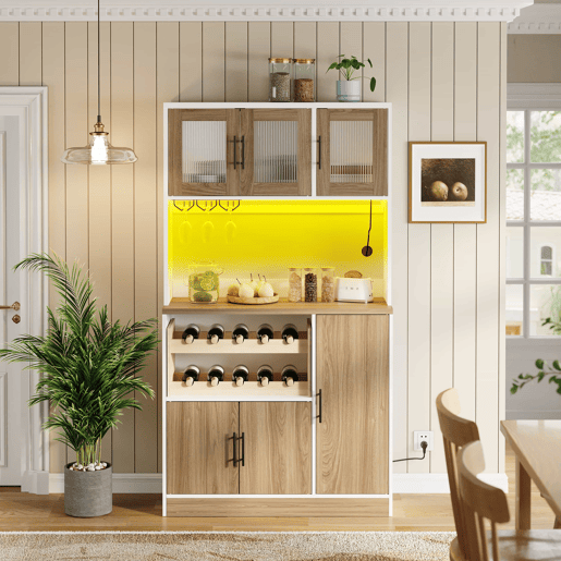 Armário de despensa de cozinha 100 x 40 x 180 cm u2013 com iluminação LED, tomada integrada, suporte para copos, suporte para garrafas e grande capacidade de arrumação u2013 branco e natural