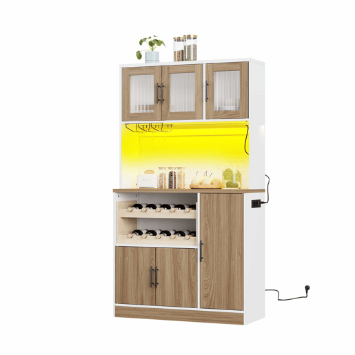 Armário de despensa de cozinha 100 x 40 x 180 cm u2013 com iluminação LED, tomada integrada, suporte para copos, suporte para garrafas e grande capacidade de arrumação u2013 branco e natural
