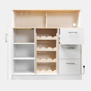 Aparador de bar com LED - u2014 - com tomadas, porta-copos, suporte para garrafas de vinho, arrumação em várias camadas, ideal para restaurantes e cozinhas - Branco+Natural