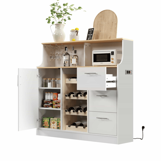 Aparador de bar com LED - u2014 - com tomadas, porta-copos, suporte para garrafas de vinho, arrumação em várias camadas, ideal para restaurantes e cozinhas - Branco+Natural