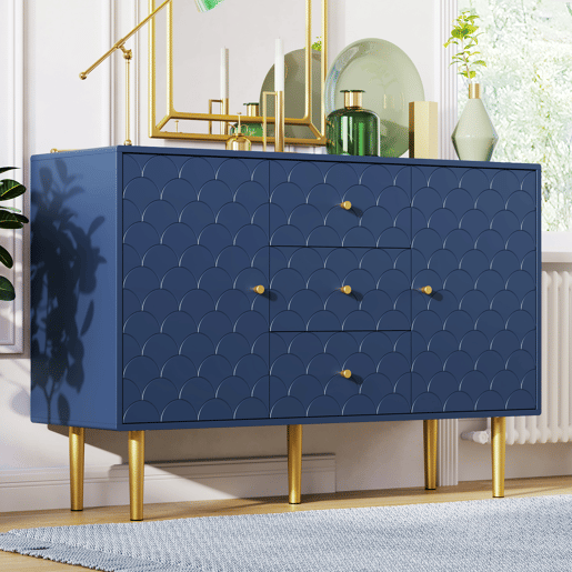 Aparador 120x40x83 cm - 2 portas, 3 gavetas, prateleira ajustável - Azul marinho