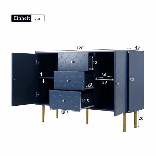 Aparador 120x40x83 cm - 2 portas, 3 gavetas, prateleira ajustável - Azul marinho