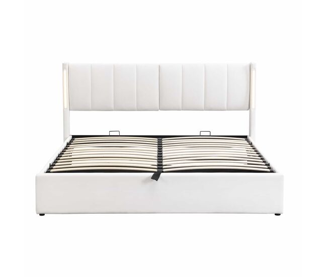 Cama tapizada led binaural 180x200 cm - cama hidráulica con almacenaje, cabecero ajustable, puerto usb recargable - blanco