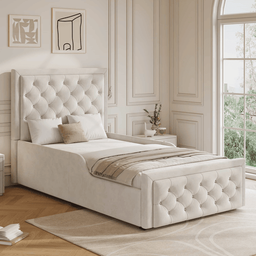 Cama individual infantil estofada 90x200 cm - cama hidráulica com base de colchão, cabeceira almofadada e amplo espaço de arrumação - bege