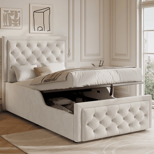Cama individual infantil estofada 90x200 cm - cama hidráulica com base de colchão, cabeceira almofadada e amplo espaço de arrumação - bege