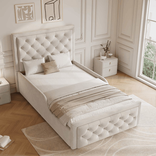 Cama individual infantil estofada 90x200 cm - cama hidráulica com base de colchão, cabeceira almofadada e amplo espaço de arrumação - bege