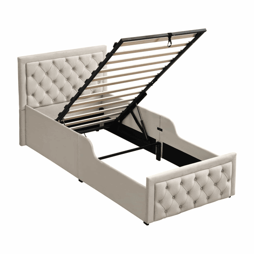 Cama individual infantil estofada 90x200 cm - cama hidráulica com base de colchão, cabeceira almofadada e amplo espaço de arrumação - bege
