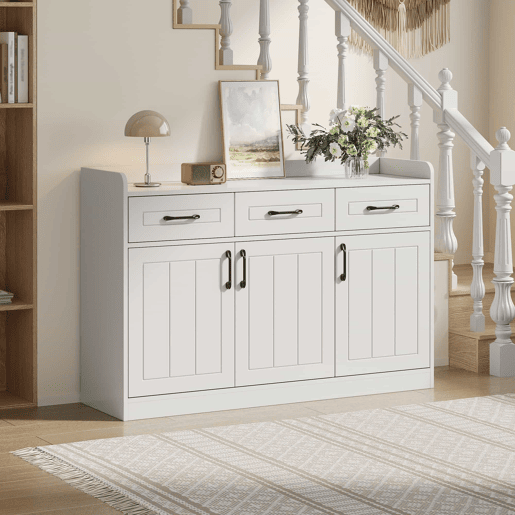 Aparador 120 x 35 x 80 cm - móvel de sala com 3 gavetas e 3 portas, prateleiras ajustáveis, puxadores, design às riscas, capacidade de 60 kg, aparador de entrada - branco