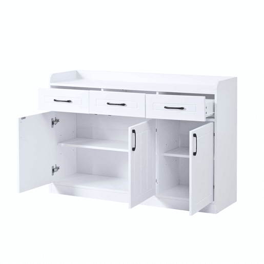 Aparador 120 x 35 x 80 cm - móvel de sala com 3 gavetas e 3 portas, prateleiras ajustáveis, puxadores, design às riscas, capacidade de 60 kg, aparador de entrada - branco