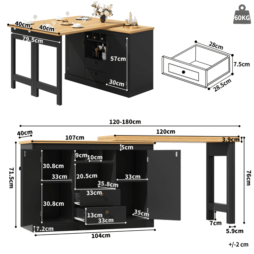Mesa de bar extensível 120-180 cm - Com função giratória de 360° e arrumação - Preto