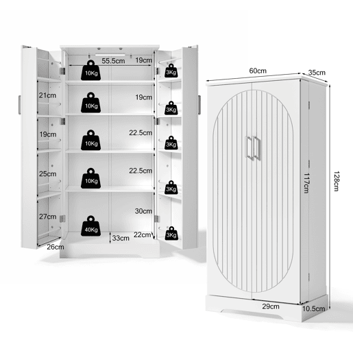 Aparador 60x35x128 cm - multifuncional com luz LED, prateleiras ajustáveis, portas duplas - branco