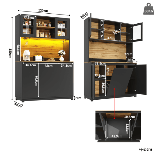 Aparador 120x40x180 cm - Aparador com portas de acrílico e LED - Preto