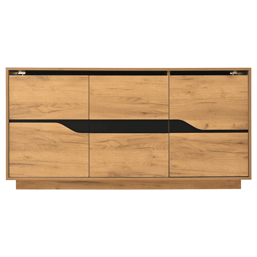 Cômoda 140x40x70 cm - Com 3 portas, divisórias ajustáveis, design sem puxadores, cor madeira + preto