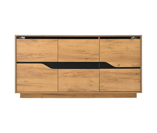 Comoda 140x40x70 cm - con 3 puertas, separadores ajustables, diseño sin asas, color madera + negro