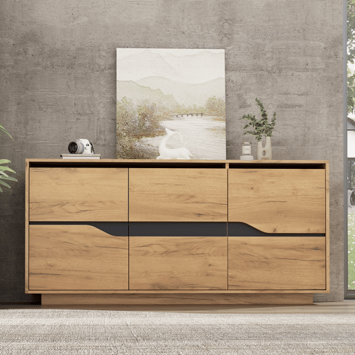 Cômoda 140x40x70 cm - Com 3 portas, divisórias ajustáveis, design sem puxadores, cor madeira + preto