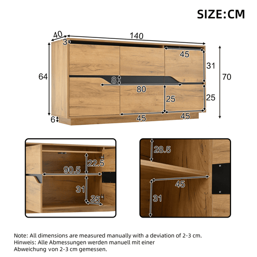 Cômoda 140x40x70 cm - Com 3 portas, divisórias ajustáveis, design sem puxadores, cor madeira + preto