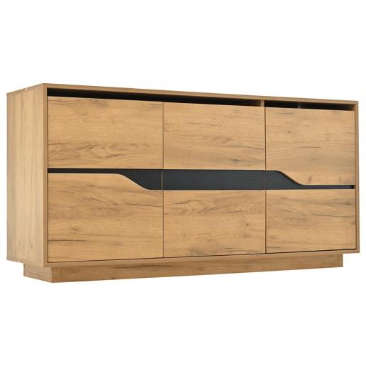 Cômoda 140x40x70 cm - Com 3 portas, divisórias ajustáveis, design sem puxadores, cor madeira + preto